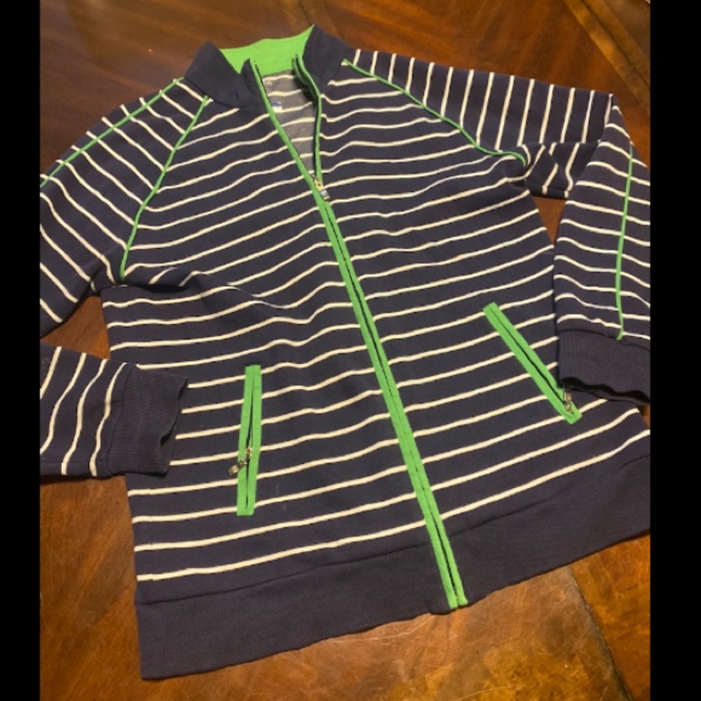 Alia Navy and White Striped Zip Jacket with Lime Trim